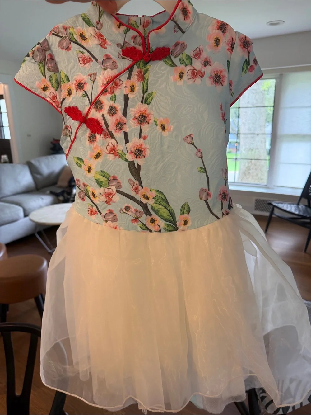 Girls Floral Cherry Blossom Chinese New Year Dress with Cream Tulle Skirt